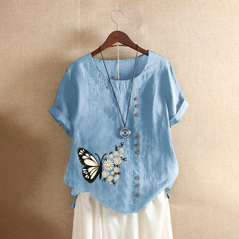 Butterfly Print Solid Color Short Sleeve Blouse