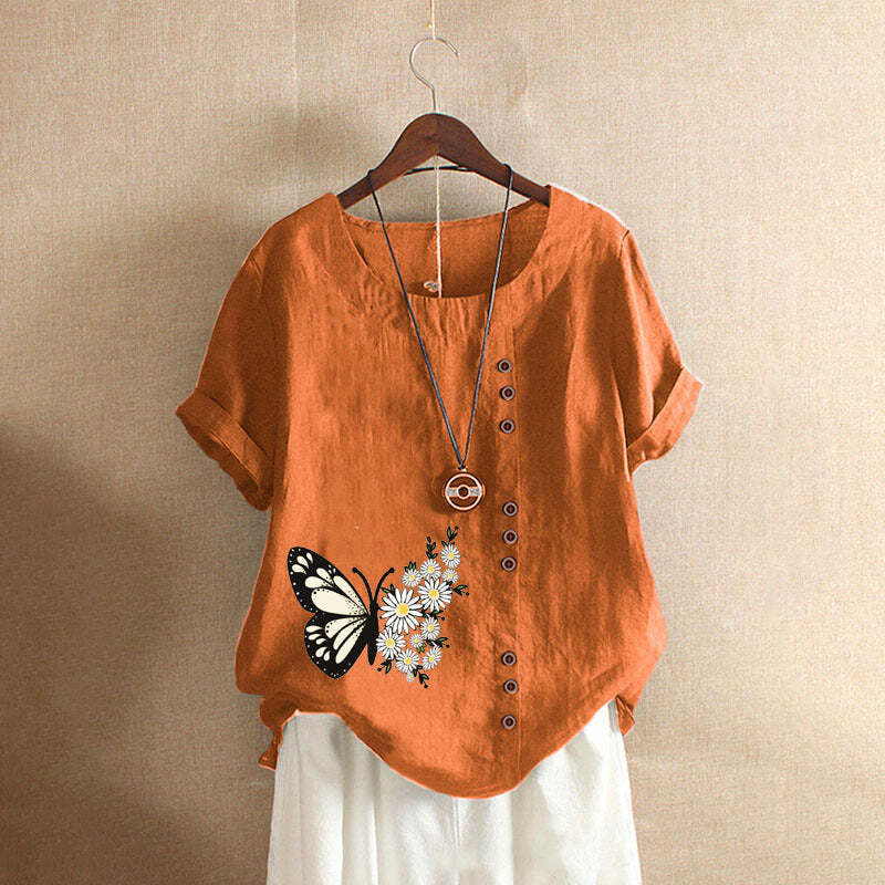 Butterfly Print Solid Color Short Sleeve Blouse