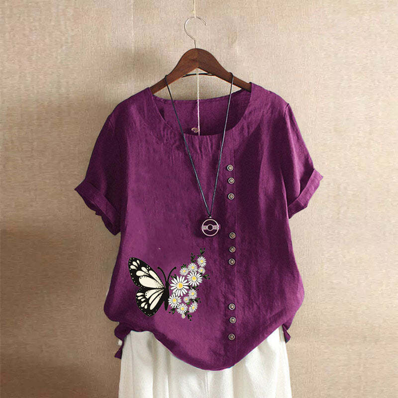 Butterfly Print Solid Color Short Sleeve Blouse