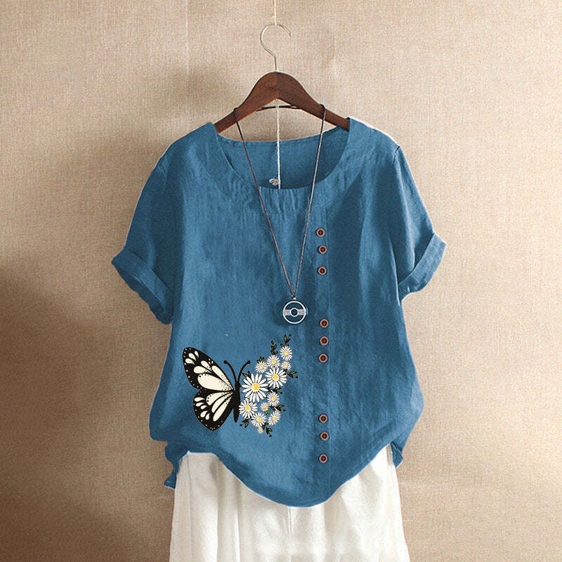 Butterfly Print Solid Color Short Sleeve Blouse