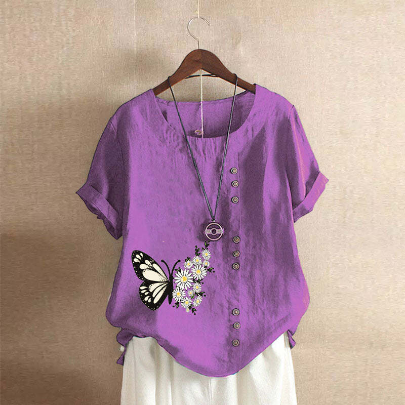 Butterfly Print Solid Color Short Sleeve Blouse