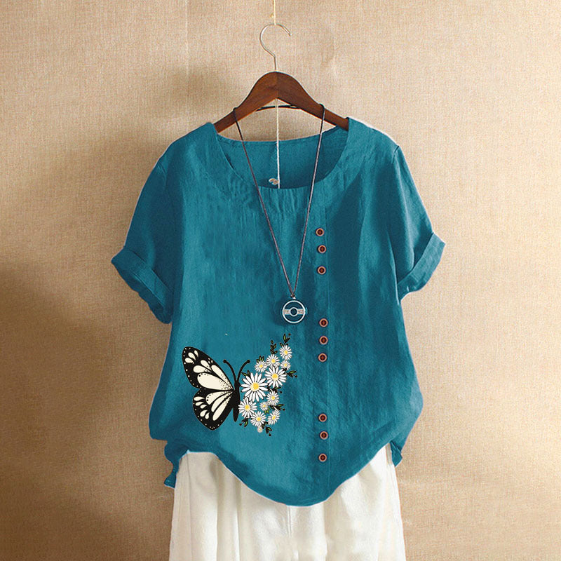 Butterfly Print Solid Color Short Sleeve Blouse