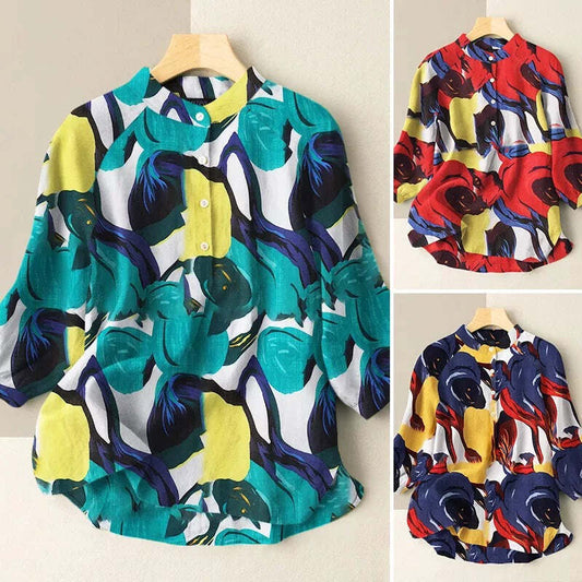 Abstract Print Lantern Sleeve Mandarin Collar Blouse