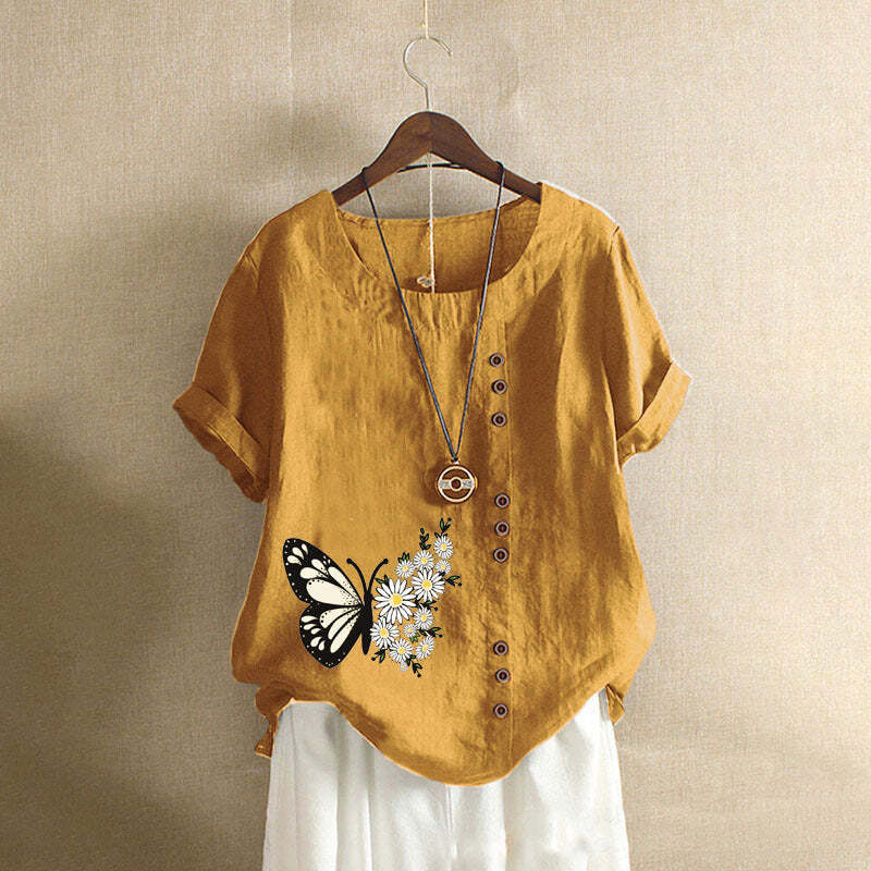 Butterfly Print Solid Color Short Sleeve Blouse