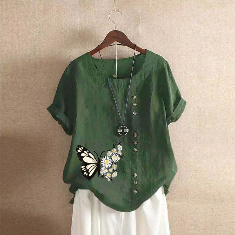 Butterfly Print Solid Color Short Sleeve Blouse