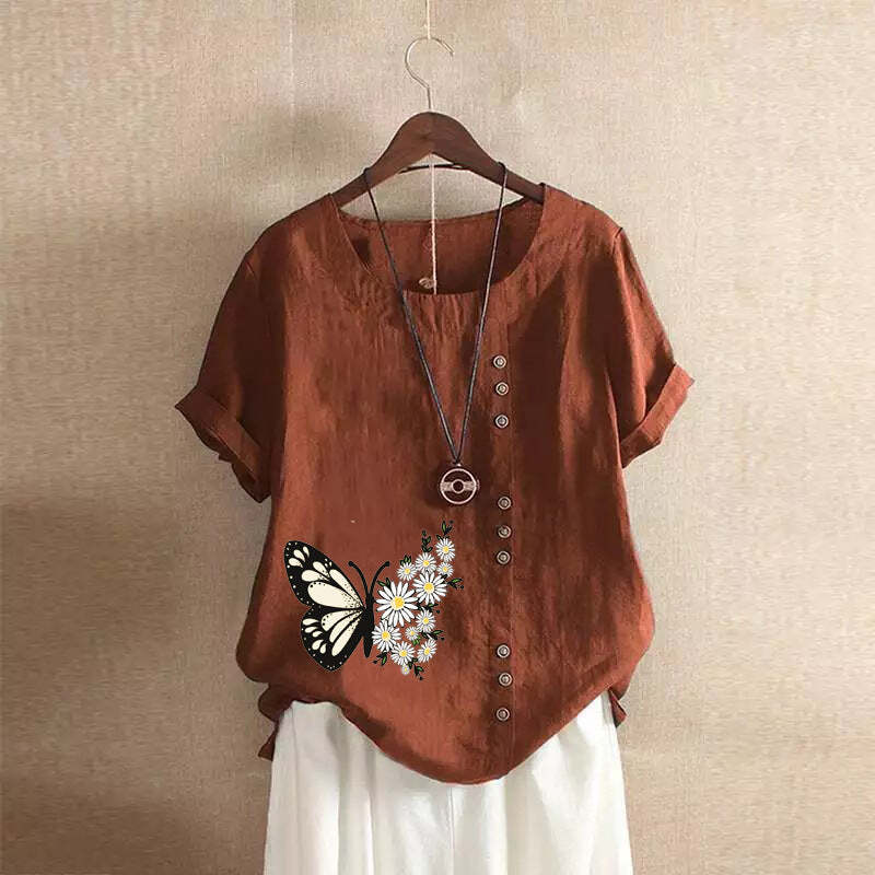 Butterfly Print Solid Color Short Sleeve Blouse